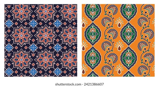 Set of seamless patterns in ajrakh style. Collection of repeating templates with traditional floral ornaments. Batik print for fabric. Cartoon flat vector illustrations isolated on white background