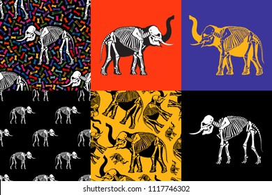 Set of seamless patterns. Anatomy of an elephant. The skeleton of a mammoth. Ancient fossil animal. Great for printing on a T-shirt. Ideal for decoration of Halloween.