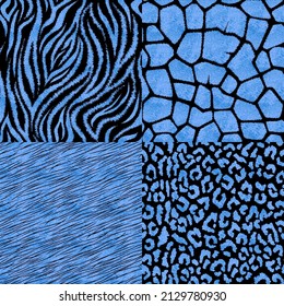 Set of seamless patterns with animal prints. Metallic blue vector illustration