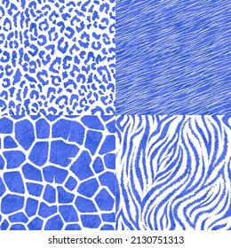 Set of seamless patterns with animal prints. Metallic blue vector illustration