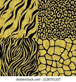 Set of seamless patterns with animal prints. Gold vector illustration