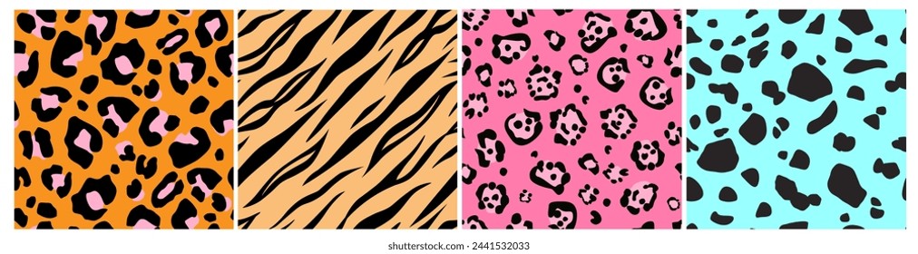 Set of seamless patterns with animal safari print. Ornaments with abstract stripes and dots. Vector graphics.