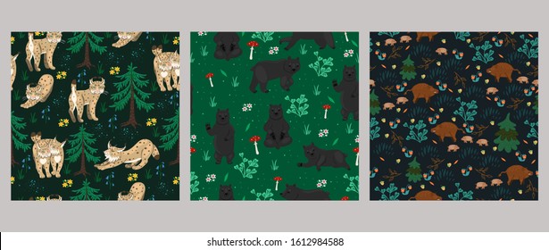 Set of seamless patterns with animals in the forest. Vector graphics.