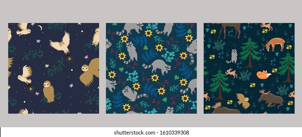 Set of seamless patterns with animals. Vector graphics.