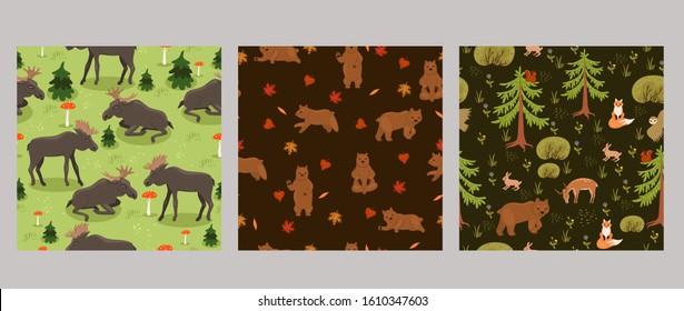 Set of seamless patterns with animals. Vector graphics.