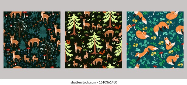 Set of seamless patterns with animals. Vector graphics.