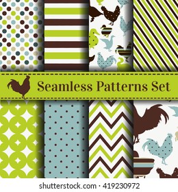 Set of seamless patterns with animals  Vector backgrounds collection. Pattern with chicken, goose, duck, turkey