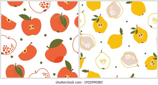 A set of seamless patterns with apples, pears slices, leaves, simple shapes. An ornament with bright summer fruits for prints, wallpaper, packaging, textiles. Vector graphics.
