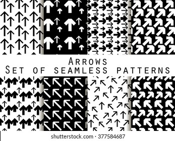 Set of seamless patterns with arrows. Black and white color. For wallpaper, bed linen, tiles, fabrics, backgrounds. Vector illustration.