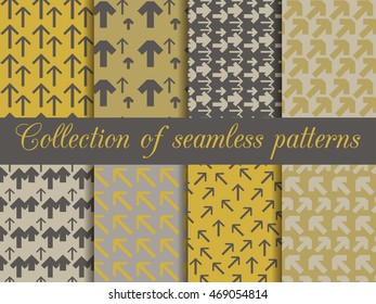 Set of seamless patterns with arrows. For wallpaper, bed linen, tiles, fabrics, backgrounds. Vector illustration.
