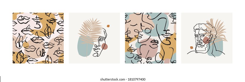 Set of seamless patterns and art compositions in trendy contemporary style. Modern continuous one line art in cubism style with geometric shapes. Hand drawn geometrical portraits vector illustration
