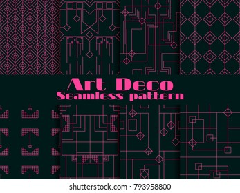 Set of seamless patterns of art deco. Lines and geometric figures on the background.  Style 1920's, 1930's. Vector illustration