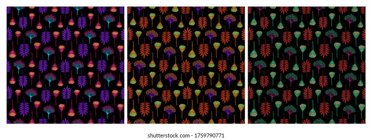 Set of seamless patterns with ashberry leaves, viburnum berries and lotus pods. Repeat botanical pattern. Vector illustration.