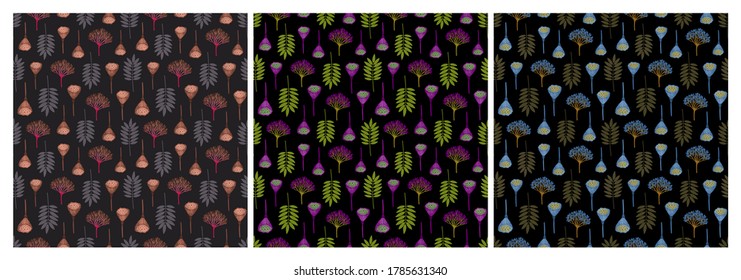 Set of seamless patterns with ashberry leaves, viburnum berries and lotus pods. Repeat botanical patterns. Vector illustration.