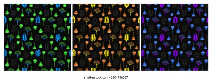 Set of seamless patterns with ashberry leaves, viburnum berries and lotus pods. Repeat botanical patterns. Vector illustration.