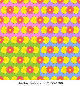 Set of seamless patterns of asters of yellow and red with green leaves