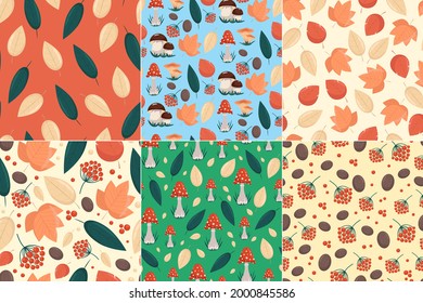 Set of seamless patterns with autumn elements, yellow leaves mushrooms and berries in flat style, vector seamless backgrounds.