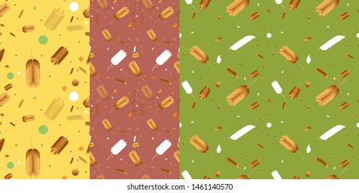 Set of seamless patterns autumn green, yellow, and brown background