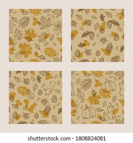 Set of seamless patterns with autumn leaves, cute squirrel, cones and spruce. Vector illustration.