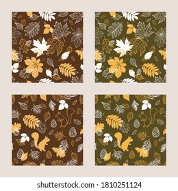 Set of seamless patterns with autumn leaves, cute squirrel, cones and spruce. Vector illustration.	