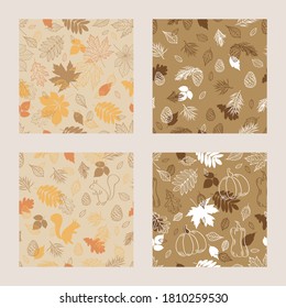 Set of seamless patterns with autumn leaves, cute squirrel, cones and spruce. Vector illustration.	