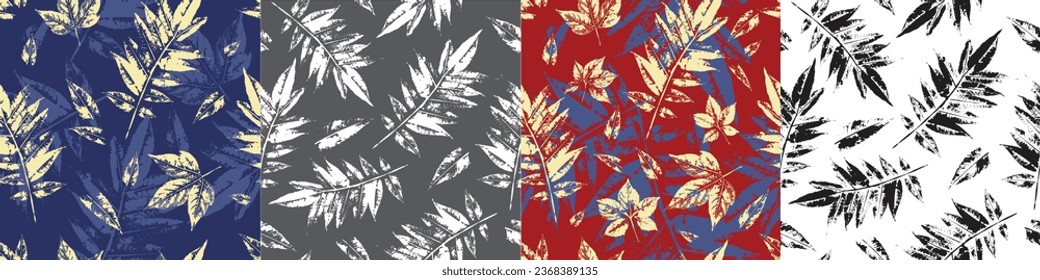 Set of seamless patterns. Autumn leaves. Imprints of natural leaves. Botanical ornament for the design of nature, fabric, textile, background, postcard, wrapping paper. Stock vector 