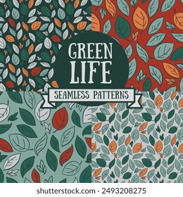 Set of seamless patterns with autumn leaves, vector illustration