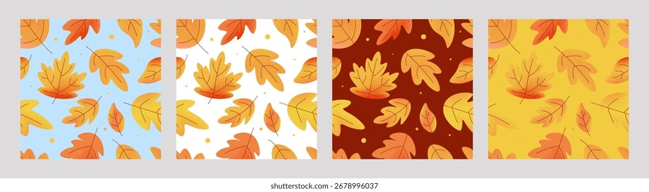 Conjunto de patrones sin fisuras con hojas de otoño sobre fondos azules, blancos, marrones y amarillos. Diseño gráfico para envolver papel, impresión, tela, material y más. Ilustración vectorial