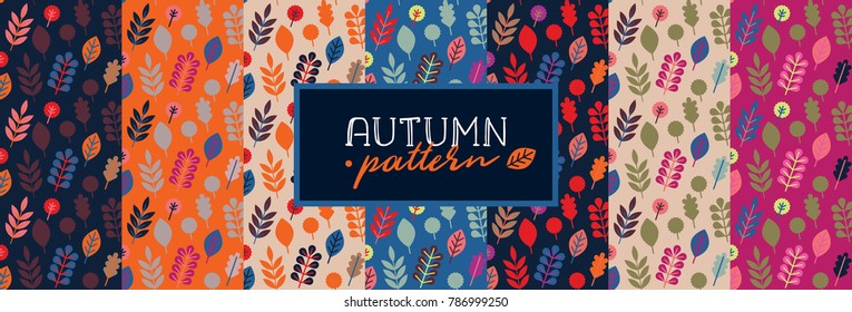 Set of seamless patterns. Autumn leaves. Seven color combinations.