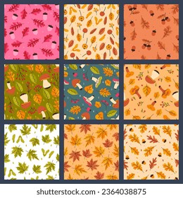Set of seamless patterns with autumn mushrooms, leaves, berries. Vector graphics.