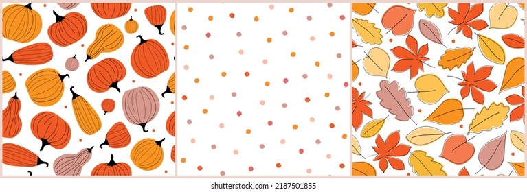 A set of seamless patterns of the autumn theme. Abstract leaves, pumpkin print for Halloween. Vector graphics.
