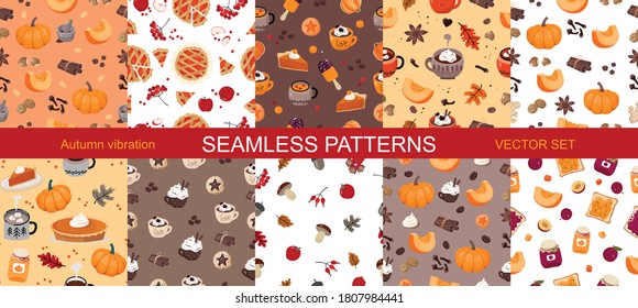 A set of seamless patterns of AUTUMN VIBES. Vector.