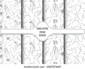A set of seamless patterns of avocados, leaves, fruits and flowers, 1000x1000 pixels.