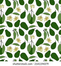 A set of seamless patterns of avocados, leaves, fruits and flowers, 1000x1000 pixels, color version.