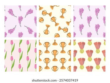 Set of seamless patterns with awards, flowers and balloons in flat style

