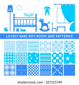 Set of seamless patterns for baby boy room interior. Blue endless textures for wallpaper design.  Fashionable nursery and playroom textile. Baby boy room with blue furniture and toys. Vector