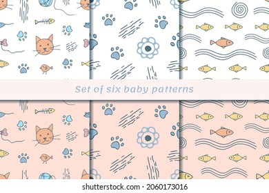Set of seamless patterns for baby design. Cute cartoon cats and fish on a white background. Cat paw prints.
