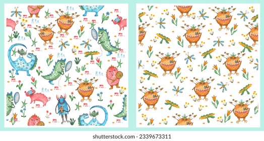 Set of seamless patterns. Baby dragon. Suitable for school, children's wallpaper and children's background. Dragon with candy, dragon with balloons and bees.