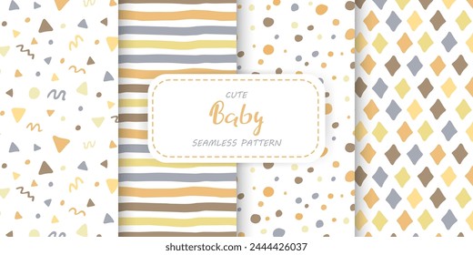 Set of seamless patterns for baby in neutral colors. Hand drawn doodle geometric shapes on white ornament. Cute pattern for design of children's wallpaper, clothing