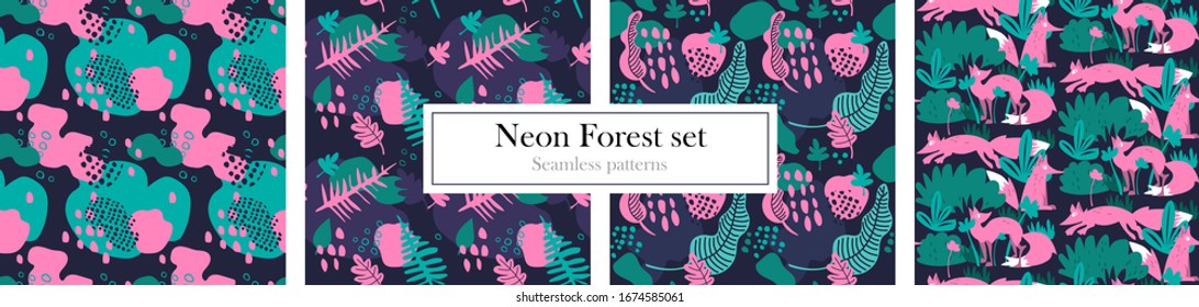Set of seamless patterns for baby textile. Funny cartoon pink foxes. Dark blue background, forest, bush. Abstract elements. 