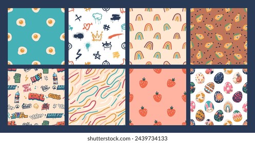 Set Of Seamless Patterns. Backgrounds With Abstract Curve Colorful Lines, Fried Eggs, Papaya, Wall Painting Or Graffiti
