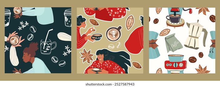 Set of seamless patterns, backgrounds with coffee symbols, accessories, people characters, for restaurant, packaging, menu and interior design, wrapping, menu. Hand drawn vector illustration.