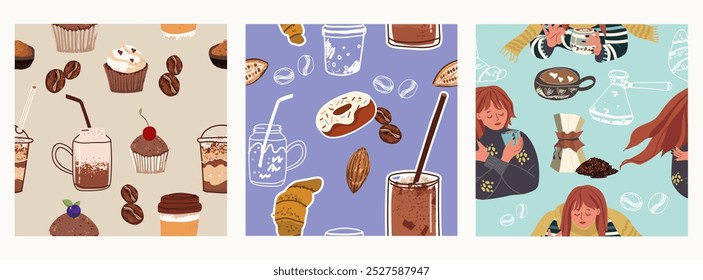 Set of seamless patterns, backgrounds with coffee symbols, accessories, people characters, for restaurant, packaging, menu and interior design, wrapping, menu. Hand drawn vector illustration.