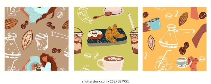 Set of seamless patterns, backgrounds with coffee symbols, accessories, people characters, for restaurant, packaging, menu and interior design, wrapping, menu. Hand drawn vector illustration.