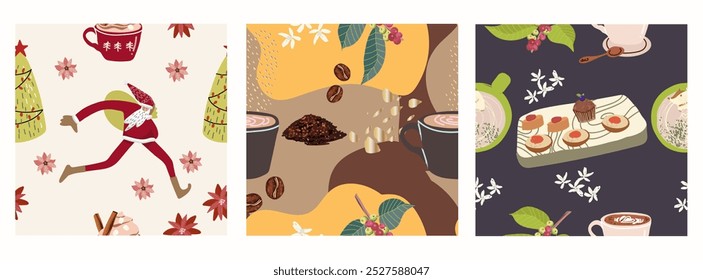 Set of seamless patterns, backgrounds with coffee symbols, accessories, people characters, for restaurant, packaging, menu and interior design, wrapping, menu. Hand drawn vector illustration.