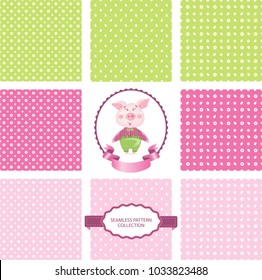 Set of seamless patterns, backgrounds of Easter. Vector illustration of cartoon hipster pig with pink ribbon.