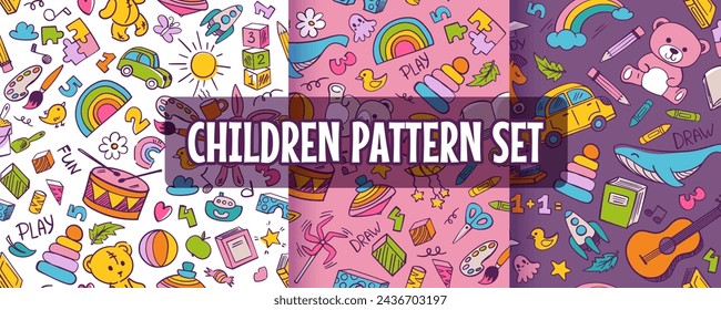 Set of seamless patterns and backgrounds with kindergarten toys, activities. Abstract vector illustration for ads, prints, social media posts, kids product design.