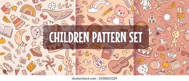 Set of seamless patterns and backgrounds with kindergarten toys, children activities. Abstract vector illustration for ads, prints, social media posts, kids product design.