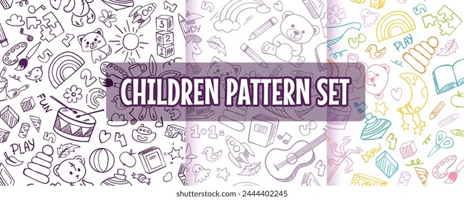 Set of seamless patterns and backgrounds with kindergarten toys, children activities. Abstract vector illustration for ads, prints, social media posts, kids product design.