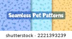 Set of seamless patterns and backgrounds with paw prints, hearts, bones and fish. Abstract vector illustration for pet shop websites and prints, social media posts, animal product design